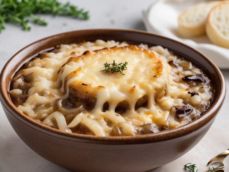 A bowl of French Onion Soup Rice topped with melted cheese and garnished with thyme (1)