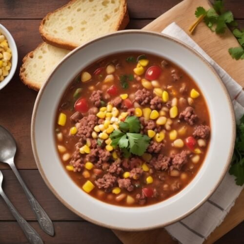 Bowl of hearty Cowboy Soup with beef, beans, and vegetables, garnished with cilantro and served with cornbread (2)