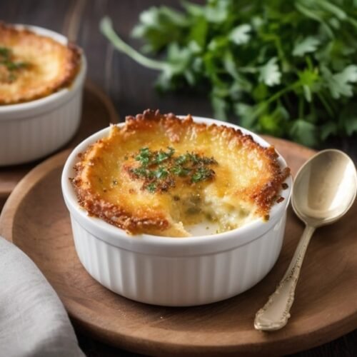 Golden-topped crab brulee in a ramekin, garnished with fresh parsley on a rustic wooden background (1)
