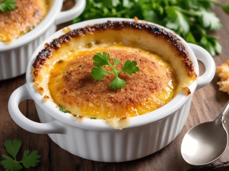 Golden-topped crab brulee in a ramekin, garnished with fresh parsley on a rustic wooden background (2)