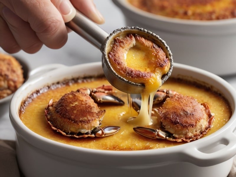Hand using a kitchen torch to caramelize sugar on crab brulee, creating a golden-brown crust.