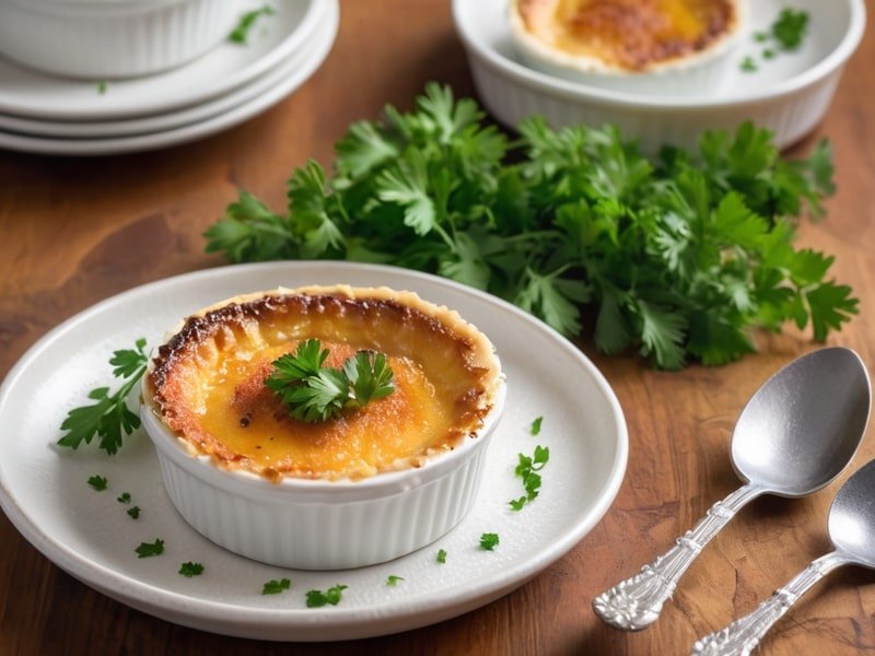 Served crab brulee with a caramelized sugar crust and parsley garnish, on a white plate with a spoon.