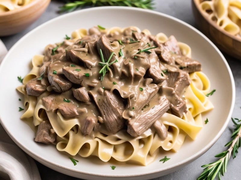 A bowl of beef stroganoff served over egg noodles, topped with fresh rosemary.