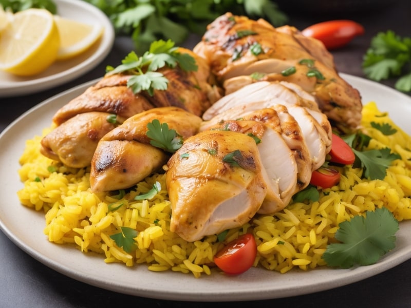 A close-up of a colorful plate featuring traditional chicken and yellow rice, topped with fresh cilantro and served with lemon wedges and sautéed vegetables on the side (1)