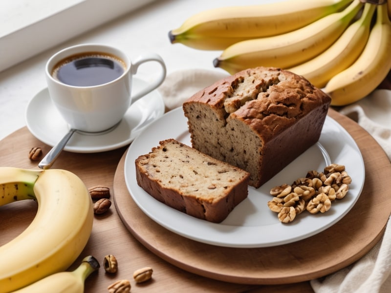 A close-up of a slice of banana bread topped with melting butter, highlighting the rich, moist crumb and visible banana pieces, with a fork beside it (1)