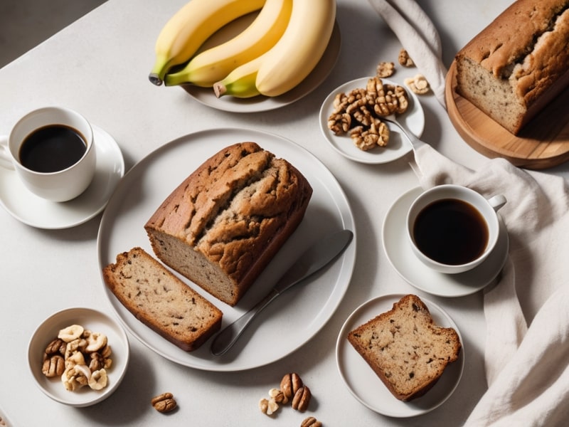 A close-up of a slice of banana bread topped with melting butter, highlighting the rich, moist crumb and visible banana pieces, with a fork beside it (2)