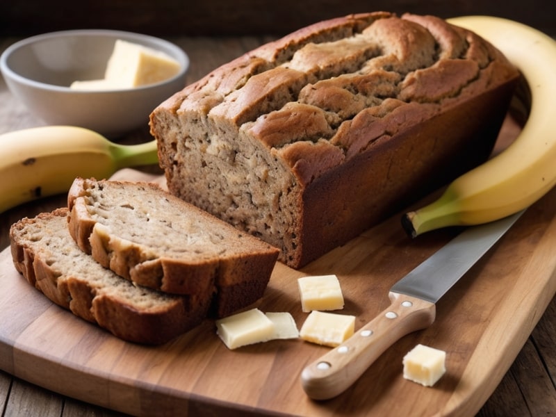 A freshly baked golden-brown loaf of banana bread on a rustic wooden cutting board, with slices showing a moist texture and ripe bananas in the background (2)