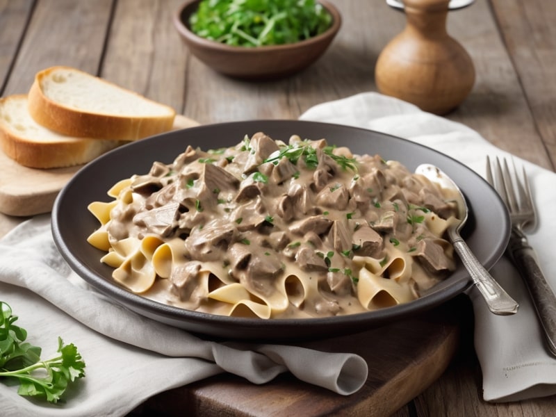 A hearty serving of beef stroganoff with crusty bread and green salad on a rustic table.