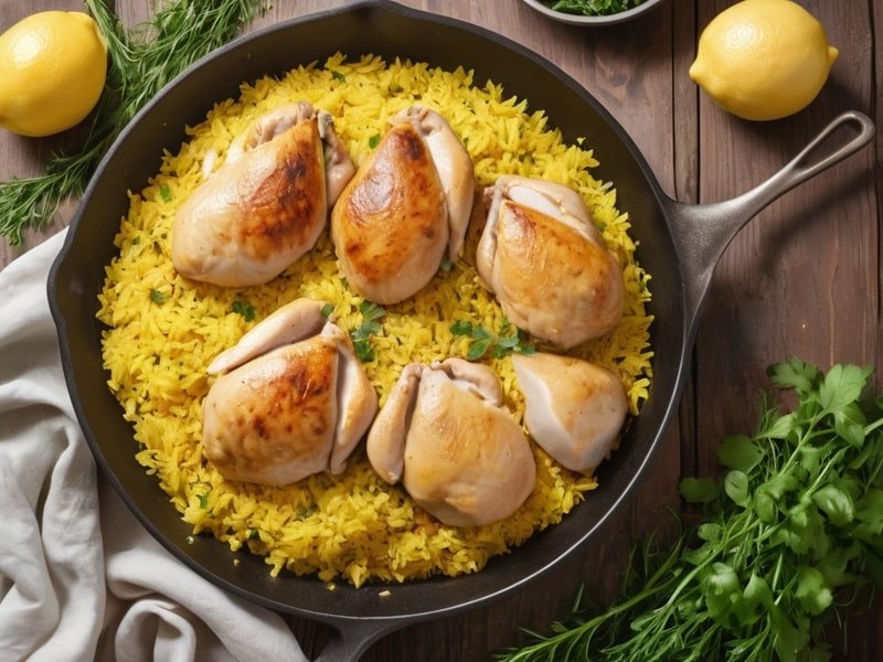 A large skillet filled with chicken and yellow rice, served family-style on a rustic wooden table, garnished with fresh herbs and lemon wedges (2)