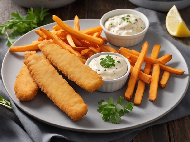 A plated serving of air-fried tartar sauce-battered fish sticks with coleslaw, sweet potato fries, lemon wedges, and garnished with parsley (1)