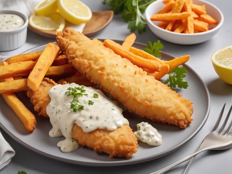 A plated serving of air-fried tartar sauce-battered fish sticks with coleslaw, sweet potato fries, lemon wedges, and garnished with parsley (2)
