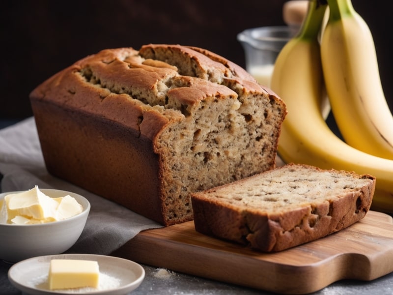 A warm loaf of banana bread fresh from the oven, with butter melting on a cut slice, surrounded by baking tools like a whisk, bowl, and flour in the background (1)