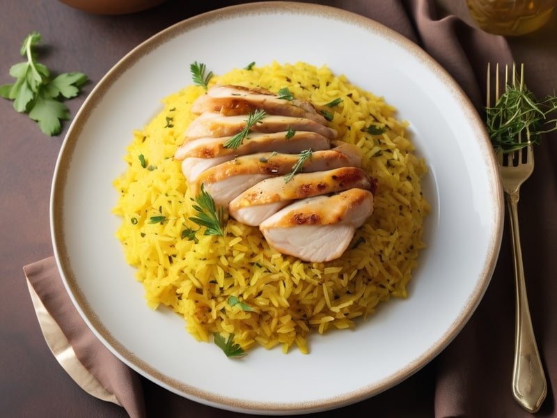 An elegant plate of gourmet chicken and yellow rice, adorned with saffron threads, fresh herbs, and a drizzle of olive oil, presented on a fine dining table (1)