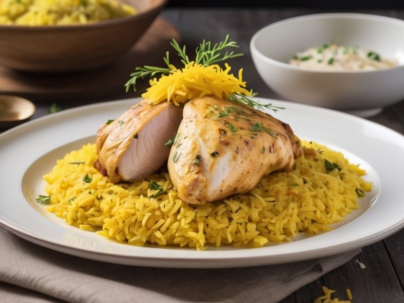 An elegant plate of gourmet chicken and yellow rice, adorned with saffron threads, fresh herbs, and a drizzle of olive oil, presented on a fine dining table (2)