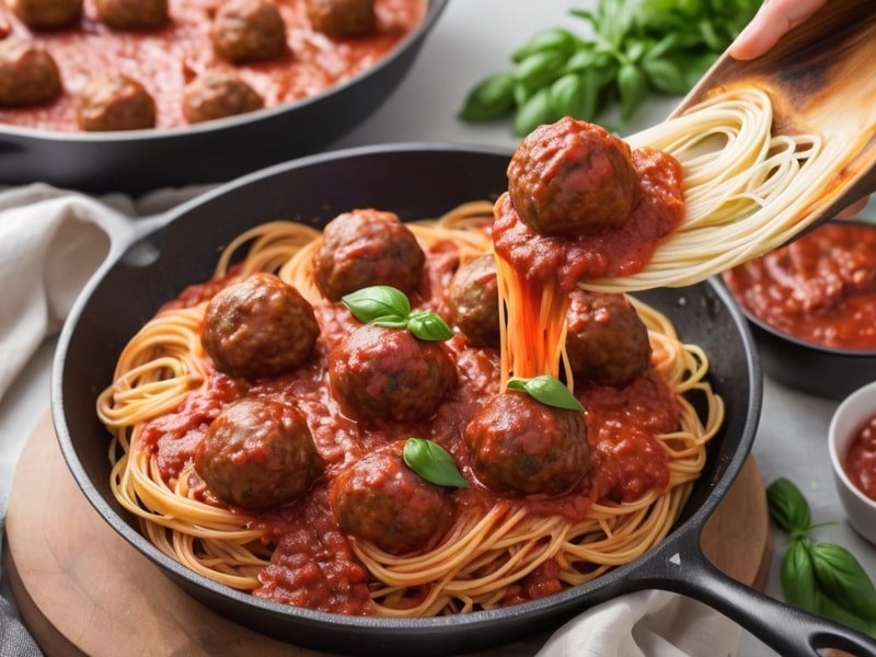 Angel hair pasta and meatballs tossed in marinara sauce in a skillet.
