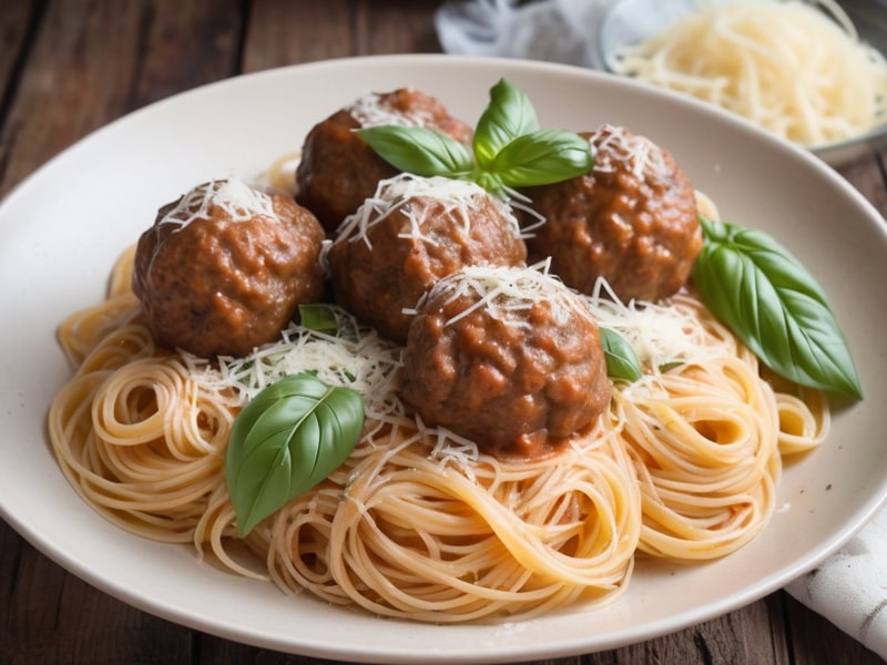 Bowl of angel hair pasta with meatballs, marinara sauce, and fresh basil garnish (2)