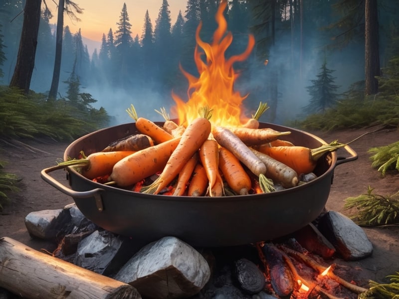 Carrots wrapped in aluminum foil roasting over a campfire, creating a smoky and flavorful side dish.