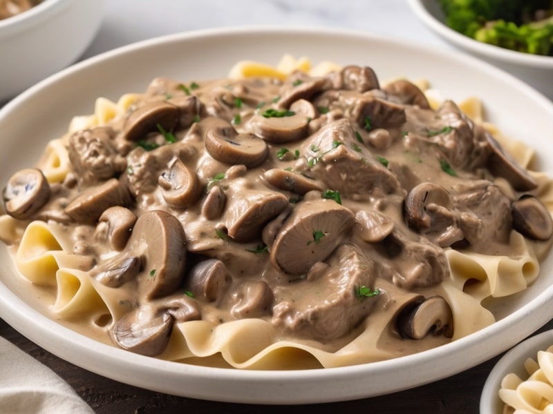 Close-up of creamy beef stroganoff in a slow cooker with tender beef and mushrooms in a rich sauce. 1