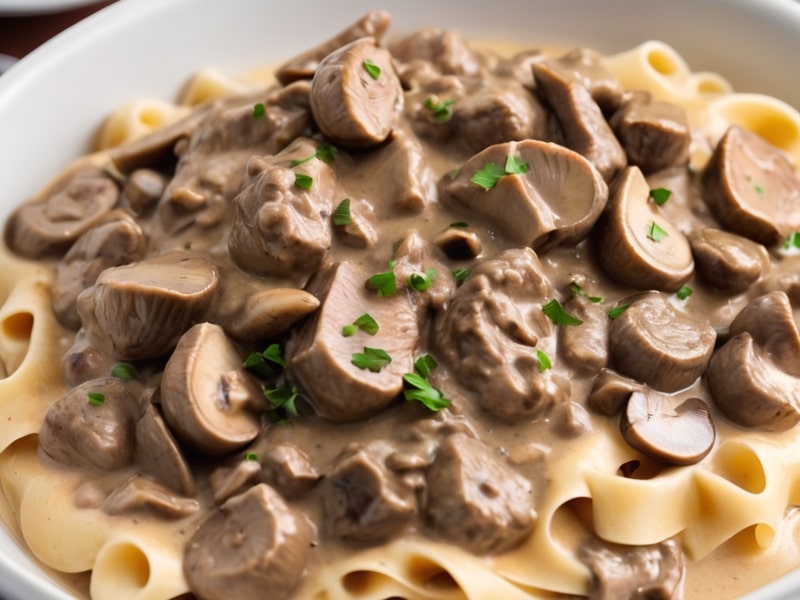 Close-up of creamy beef stroganoff in a slow cooker with tender beef and mushrooms in a rich sauce