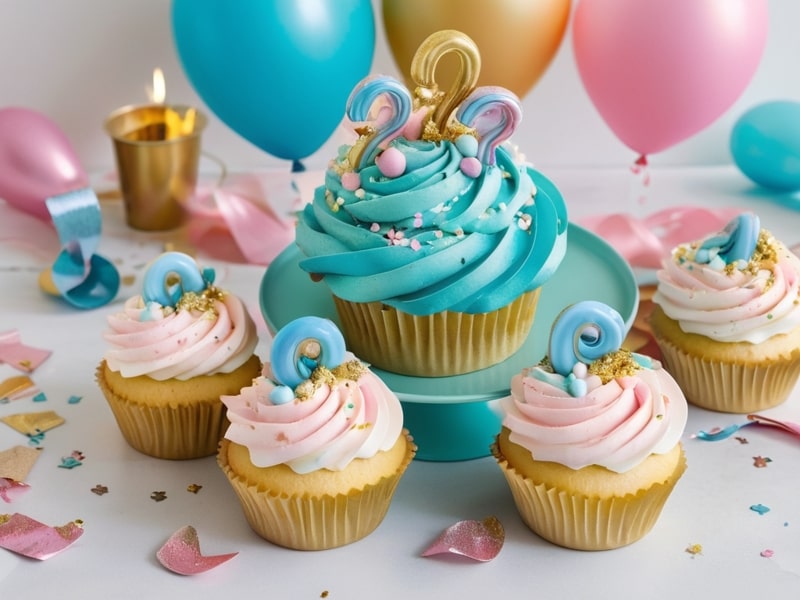 Creative gender reveal cupcakes with unique twists, featuring glittery fillings, marbled frosting, and decorative fondant baby-themed toppers.