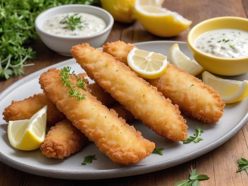 Crispy tartar sauce-battered fish sticks on a plate with a golden-brown crust, served with tartar sauce, lemon wedges, and fresh herbs on a rustic wooden table (1)