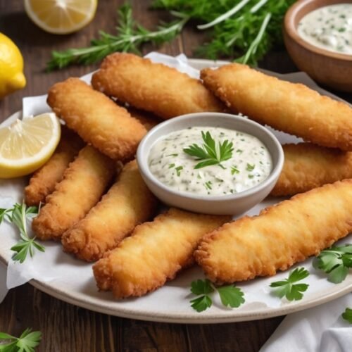 Crispy tartar sauce-battered fish sticks on a plate with a golden-brown crust, served with tartar sauce, lemon wedges, and fresh herbs on a rustic wooden table (2)