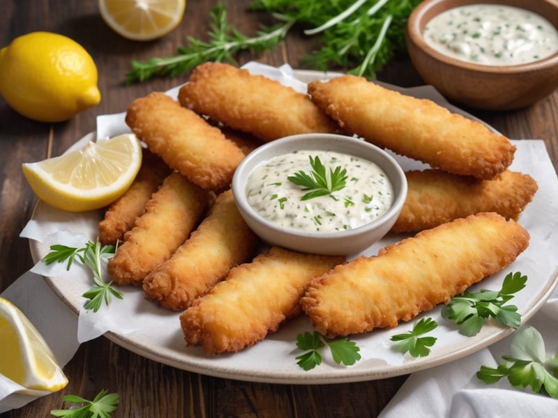 Crispy tartar sauce-battered fish sticks on a plate with a golden-brown crust, served with tartar sauce, lemon wedges, and fresh herbs on a rustic wooden table (2)