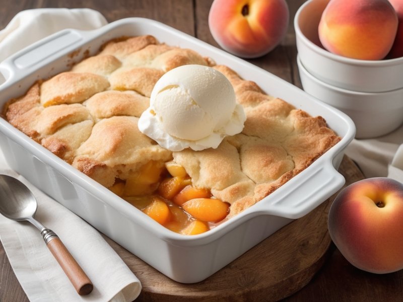 Easy Peach Cobbler Recipe Using Cake Mix, served warm with vanilla ice cream and a golden, buttery topping.