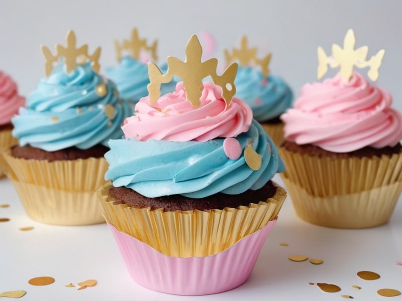 Gender announcement cupcakes with pastel pink and blue frosting, one revealing the gender color inside (1)