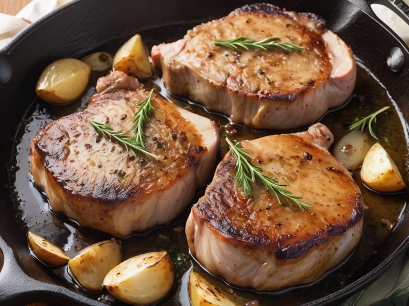 Golden-brown porkchops searing in a cast iron skillet with thyme and garlic (1)