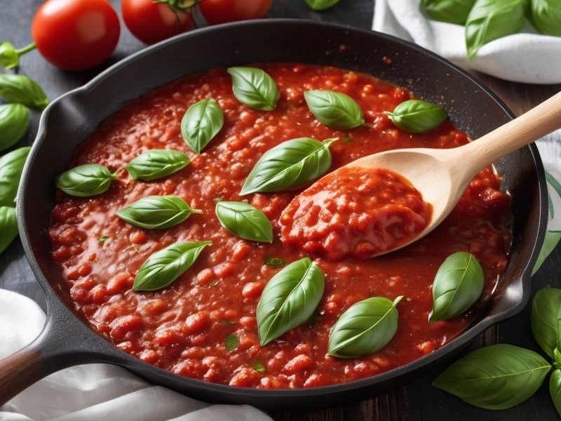 Homemade marinara sauce simmering in a skillet with fresh basil.