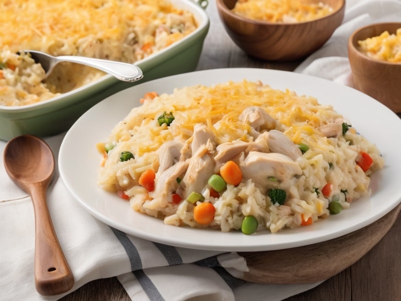 Mamaw's Chicken and Rice Casserole served in a baking dish with a wooden spoon, creamy and golden brown (1)