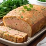 Old-Fashioned Combo Tuna Salmon Loaf freshly baked and sliced, served on a plate (1)