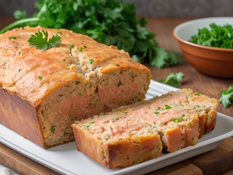 Old Fashioned Combo Tuna Salmon Loaf freshly baked and sliced, served on a plate