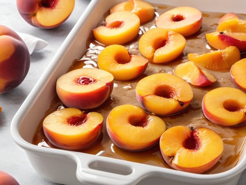 Peaches arranged in a baking dish for an Easy Peach Cobbler Recipe Using Cake Mix, ready to be baked