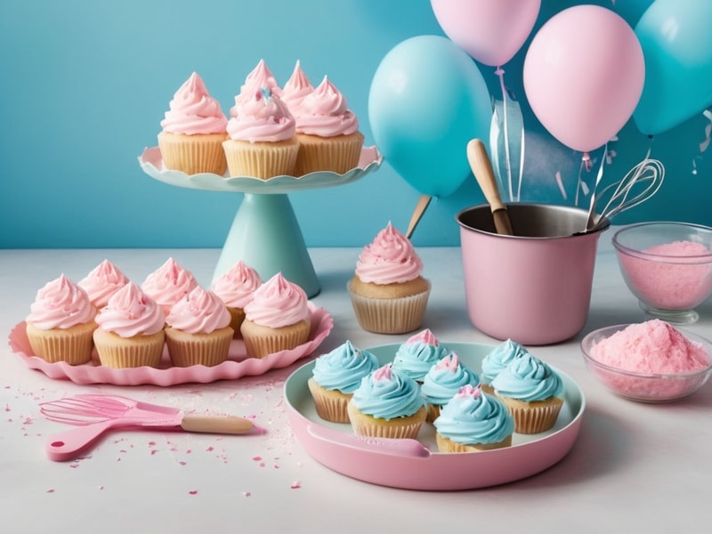 Step-by-step guide for making gender announcement cupcakes with pastel blue and pink batter, frosting, and essential baking tools.