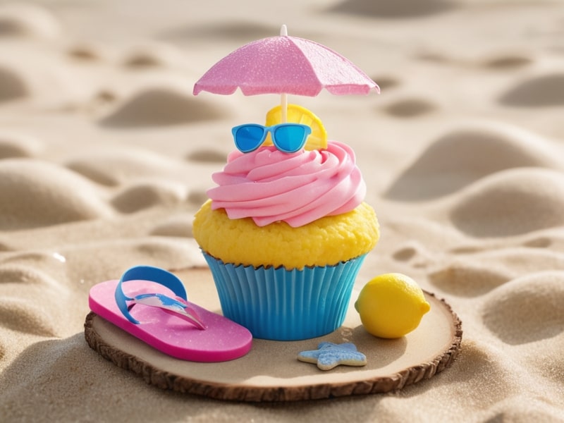 Summer-themed gender announcement cupcake with lemon sponge, raspberry frosting, and blue gender reveal filling (1)