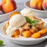 A slice of Easy Peach Cobbler Recipe Using Cake Mix served with vanilla ice cream, highlighting the juicy peaches and cake topping.2nd