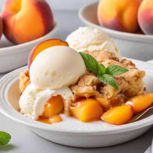 A slice of Easy Peach Cobbler Recipe Using Cake Mix served with vanilla ice cream, highlighting the juicy peaches and cake topping.2nd