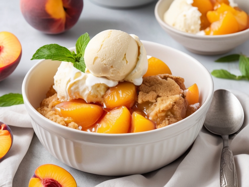 A slice of Easy Peach Cobbler Recipe Using Cake Mix served with vanilla ice cream, highlighting the juicy peaches and cake topping.