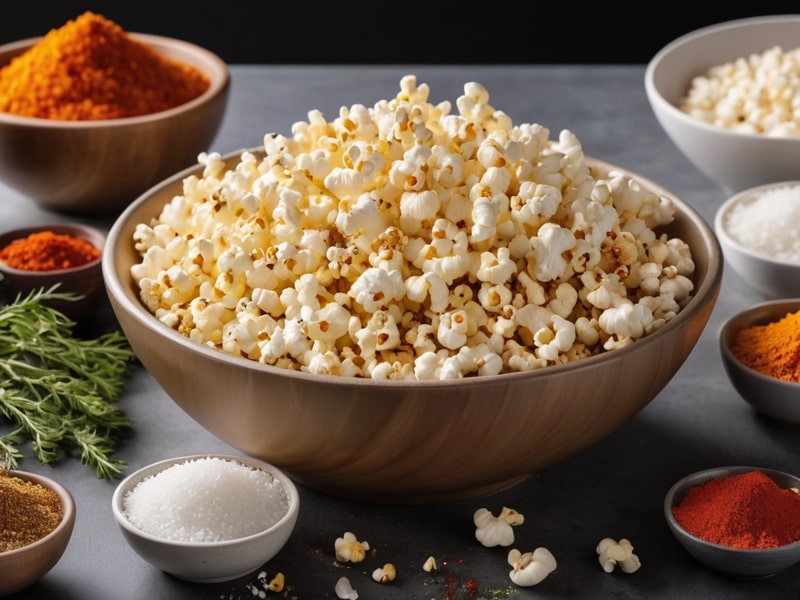 A bowl of popcorn with assorted seasonings, surrounded by containers of spices, illustrating the art of making flavor stick to popcorn.