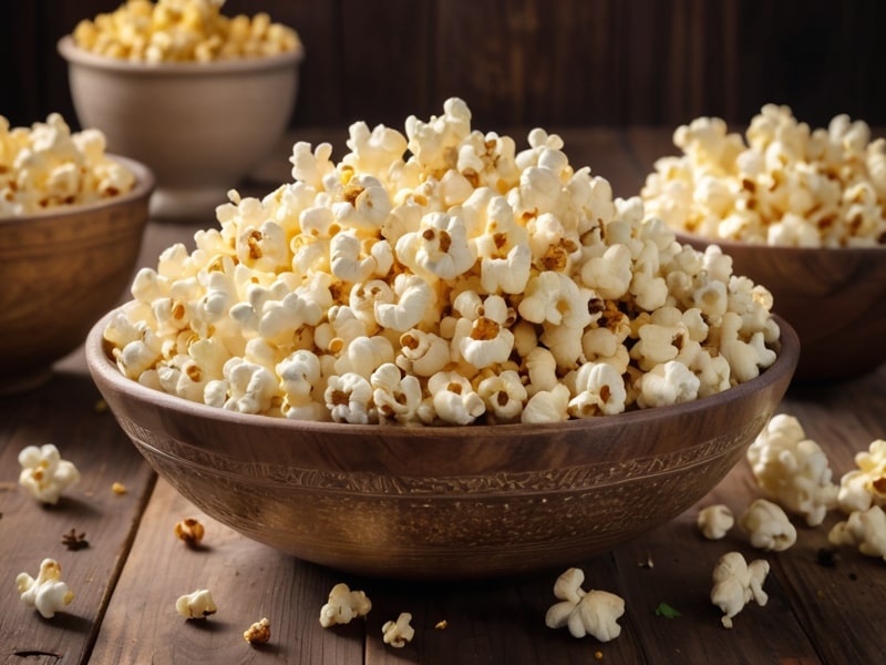 A bowl of savory popcorn seasoned with spices and herbs, showcasing golden, fluffy kernels on a rustic wooden table.