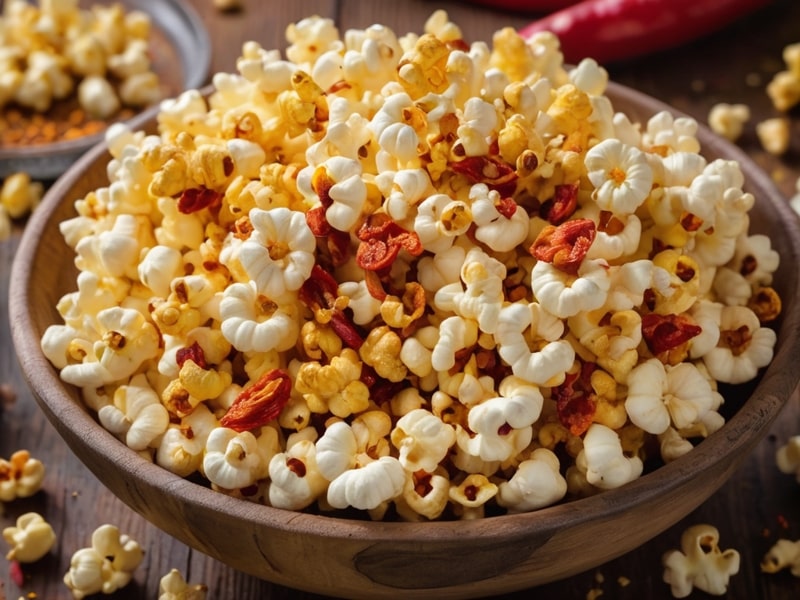 A bowl of spicy popcorn topped with red chili flakes and zesty seasoning, showcasing a crispy and flavorful snack against a rustic wooden background.