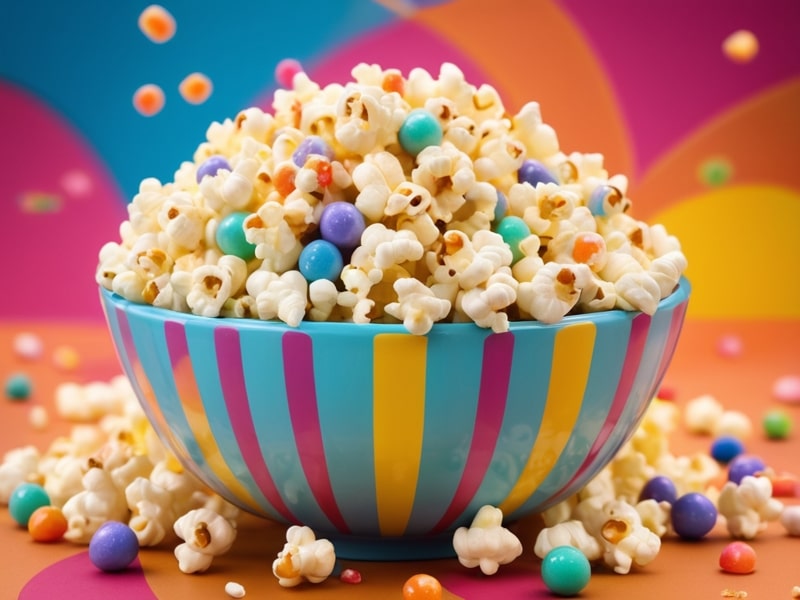 A bowl of sweet popcorn drizzled with caramel and topped with colorful candy pieces, creating a tempting treat on a bright background.