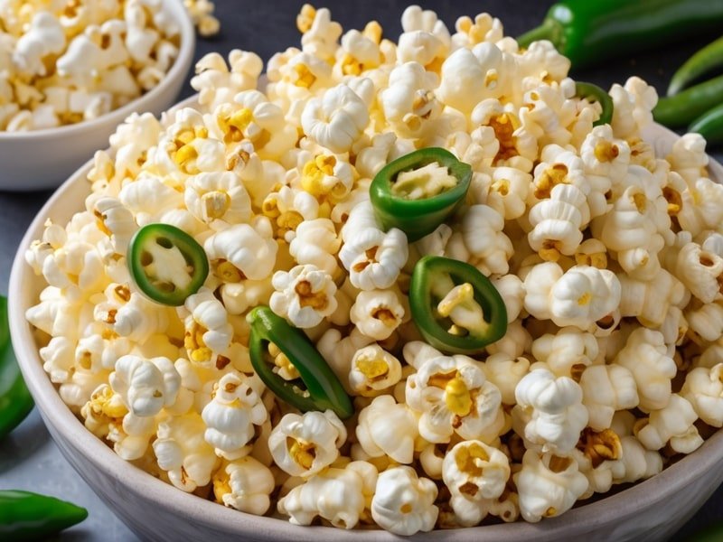 A large bowl of crispy Jalapeño Popcorn with fresh jalapeño slices (1)