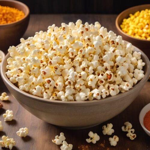 A large bowl of popcorn seasoned with a homemade spice blend, surrounded by seasoning ingredients on a rustic table (2)