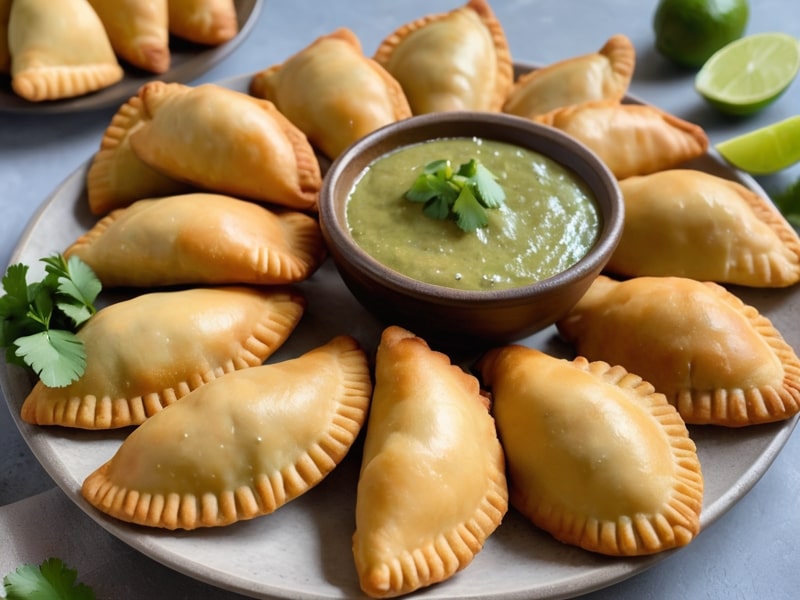 A platter of empanadas venezolanas served with guasacaca dipping sauce and lime wedges (1)