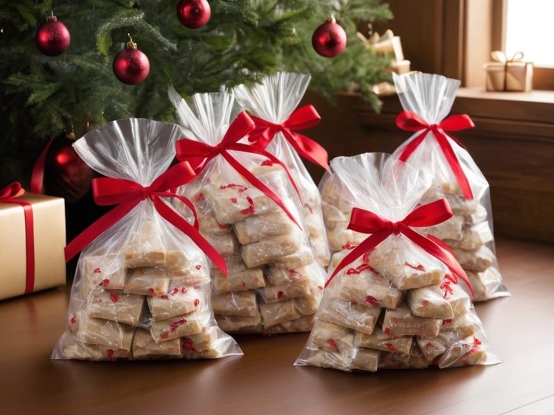 Christmas Crack in cellophane bags with ribbons under a Christmas tree.