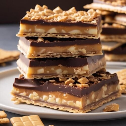 Close-up of Christmas Crack pieces stacked on a plate, showing the glossy chocolate layer, crunchy crackers, and golden toffee (1)