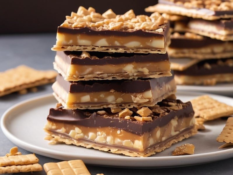 Close-up of Christmas Crack pieces stacked on a plate, showing the glossy chocolate layer, crunchy crackers, and golden toffee (1)